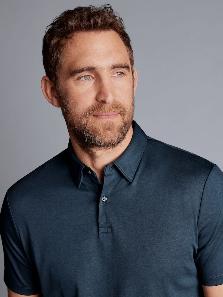 Charles Tyrwhitt Blue 100% Cotton Plain Short Sleeve Jersey Polo Shirt - Image 2 of 5
