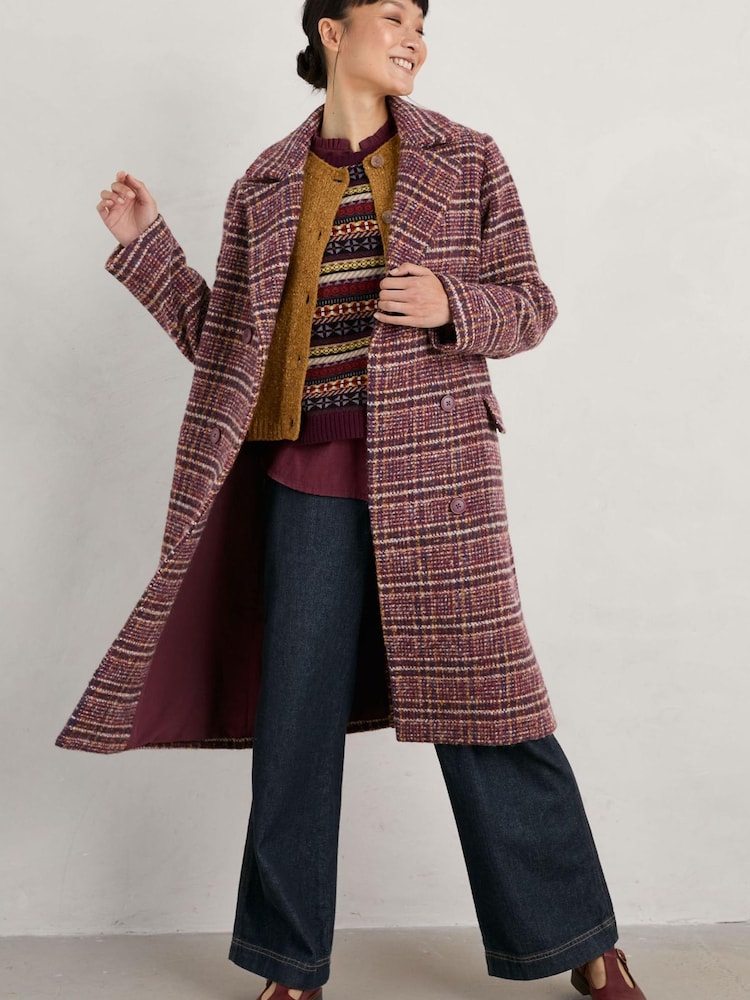 Seasalt Cornwall Purple Evenweave Wool Blend Checked Coat - Image 2 of 9