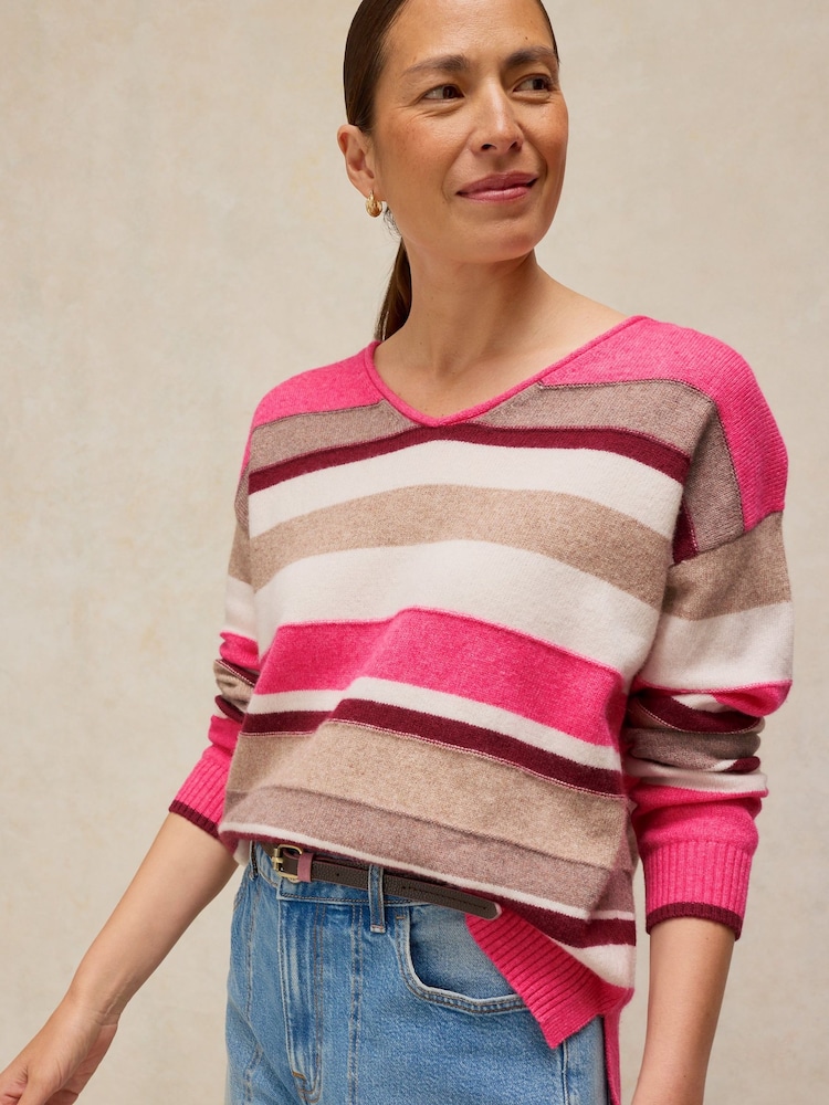 White Stuff Pink Sansa V-Neck Stripe Jumper - Image 1 of 5 White Stuff Pink Sansa V-Neck Stripe Jumper - Image 1 of 5