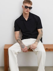 River Island Black Regular Fit Waffle Open Neck Polo Shirt - Image 1 of 4
