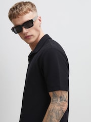 River Island Black Regular Fit Waffle Open Neck Polo Shirt - Image 3 of 4
