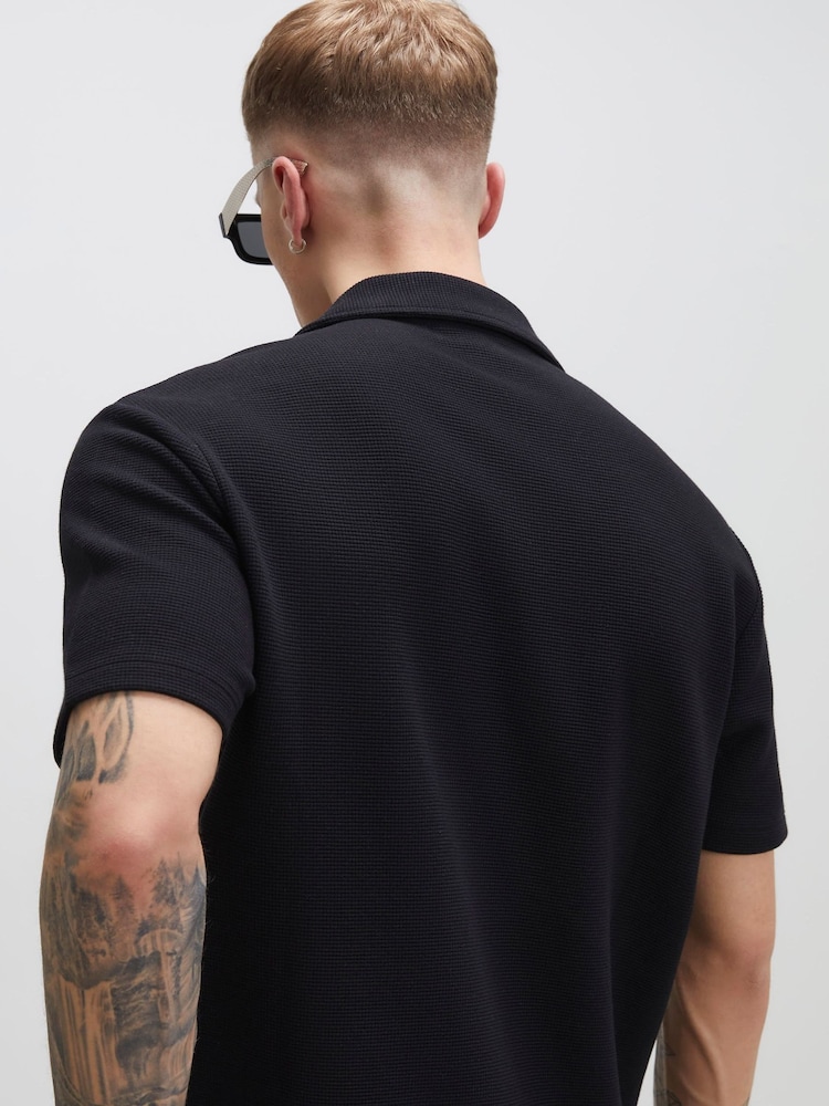 River Island Black Regular Fit Waffle Open Neck Polo Shirt - Image 4 of 4