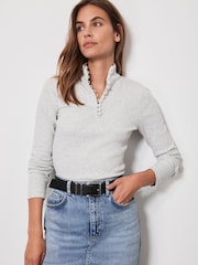 Mint Velvet Grey Rouleau Button Cotton Rich Top - Image 1 of 4