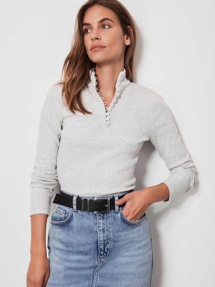 Mint Velvet Grey Rouleau Button Cotton Rich Top - Image 1 of 4