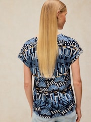 White Stuff Blue Geometric Nelly Notch Neck Cotton T-Shirt - Image 2 of 5