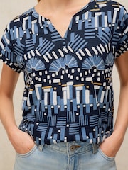 White Stuff Blue Geometric Nelly Notch Neck Cotton T-Shirt - Image 3 of 5