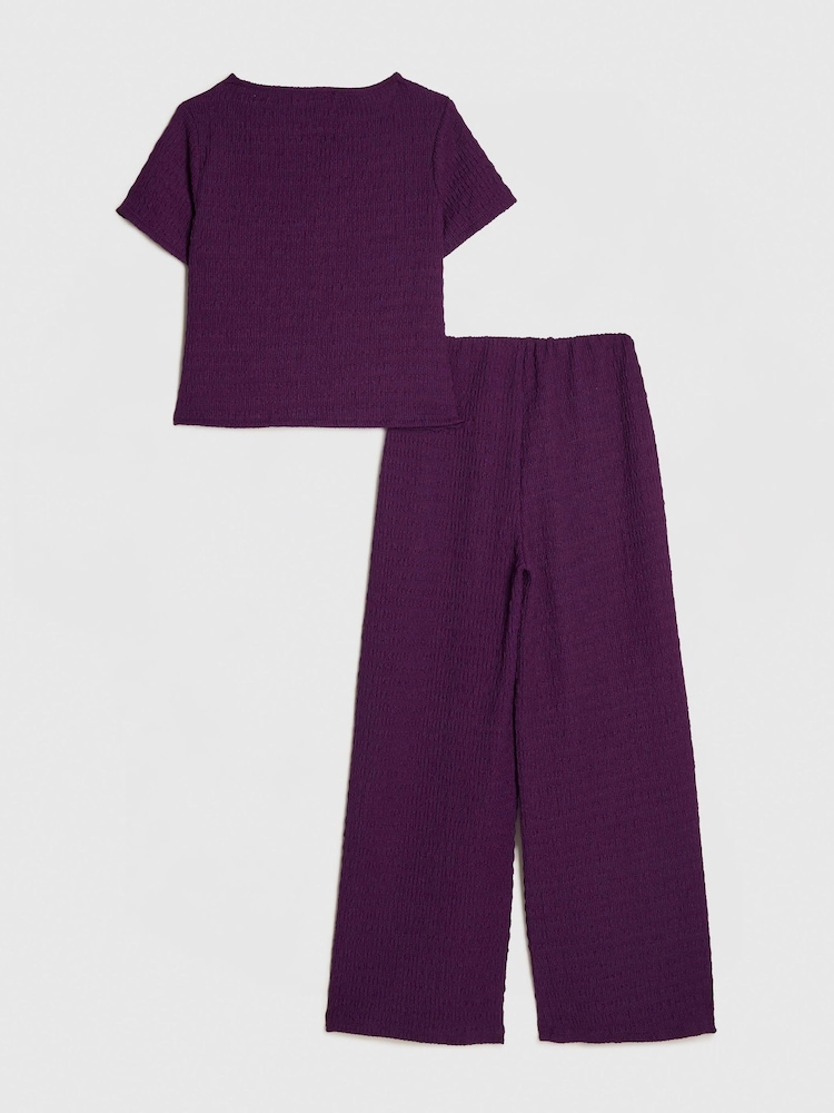 River Island Purple Textured Tied Top & Wide Fit Trousers Set - Image 2 of 5 River Island Purple Textured Tied Top & Wide Fit Trousers Set - Image 2 of 5
