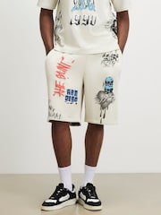 River Island Natural Oversized Grafitti Shorts - Image 3 of 4