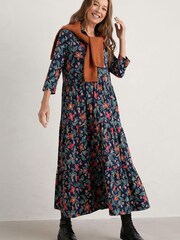Seasalt Cornwall Blue Windflower Three Quarter Sleeve Tiered Dress - Image 4 of 6