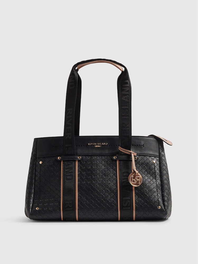 River Island Black Embossed Monogram Tote Bag - Image 2 of 6 River Island Black Embossed Monogram Tote Bag - Image 2 of 6