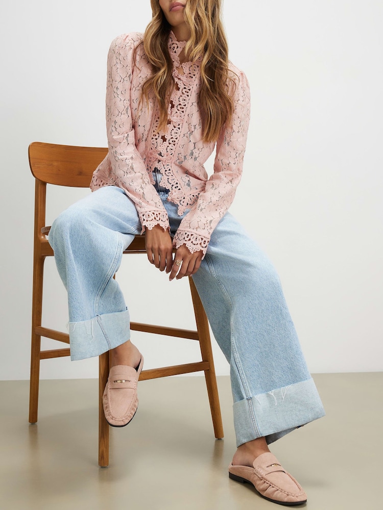 River Island Pink Faux Suede Backless Mule Loafers - Image 1 of 6 River Island Pink Faux Suede Backless Mule Loafers - Image 1 of 6