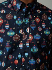 Navy Blue Bauble Christmas Printed Long Sleeve Shirt - Image 5 of 7