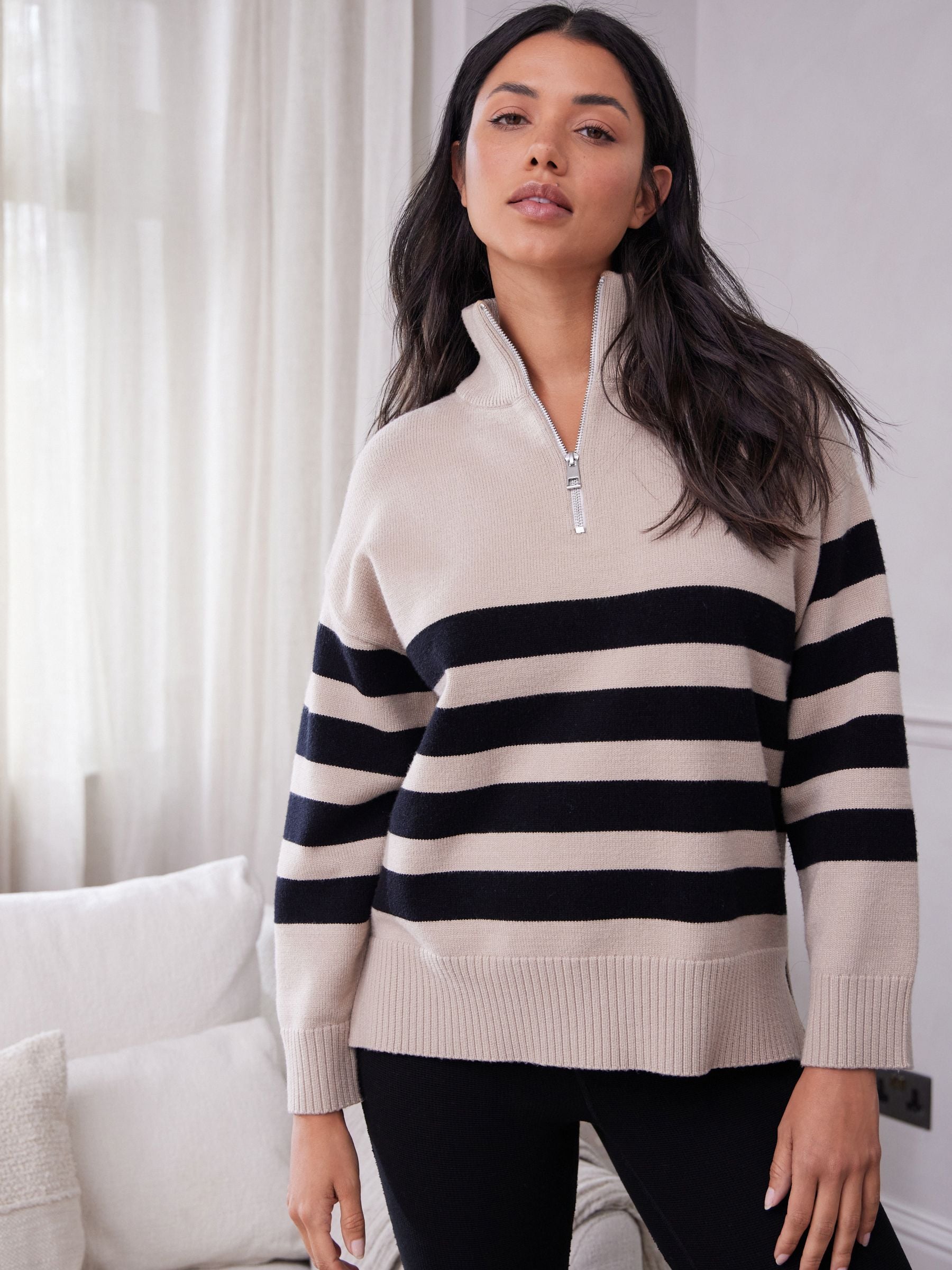 Buy Beige Stripe Half Zip Knit Stripe Jumper from Next Luxembourg