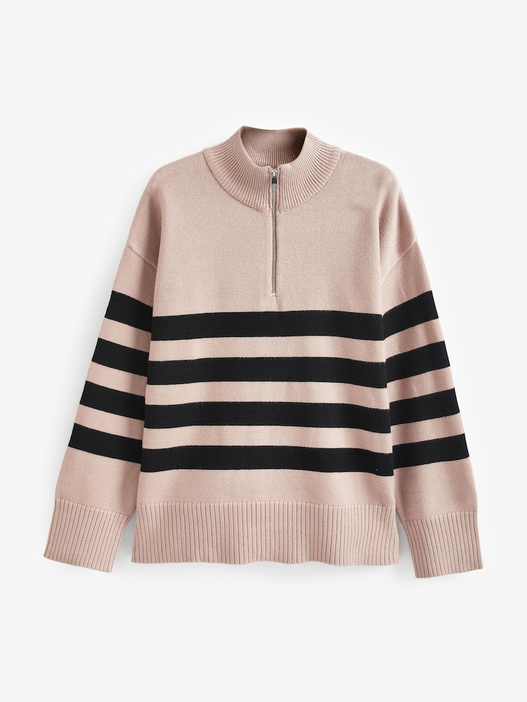 Beige Stripe Half Zip Knit Stripe Jumper - Image 6 of 6