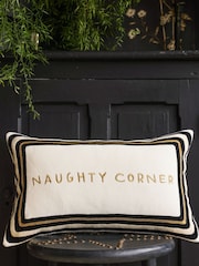 Rockett St George Naughty Corner Velvet Embroidered Slogan Cushion - Image 1 of 7