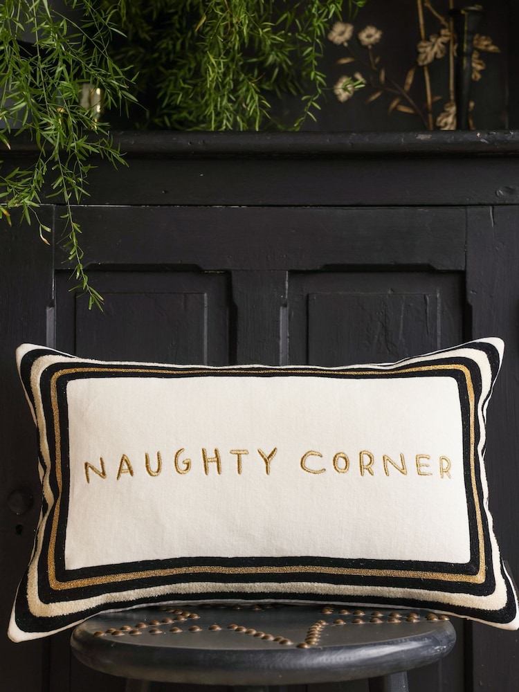 Rockett St George Naughty Corner Velvet Embroidered Slogan Cushion - Image 1 of 7