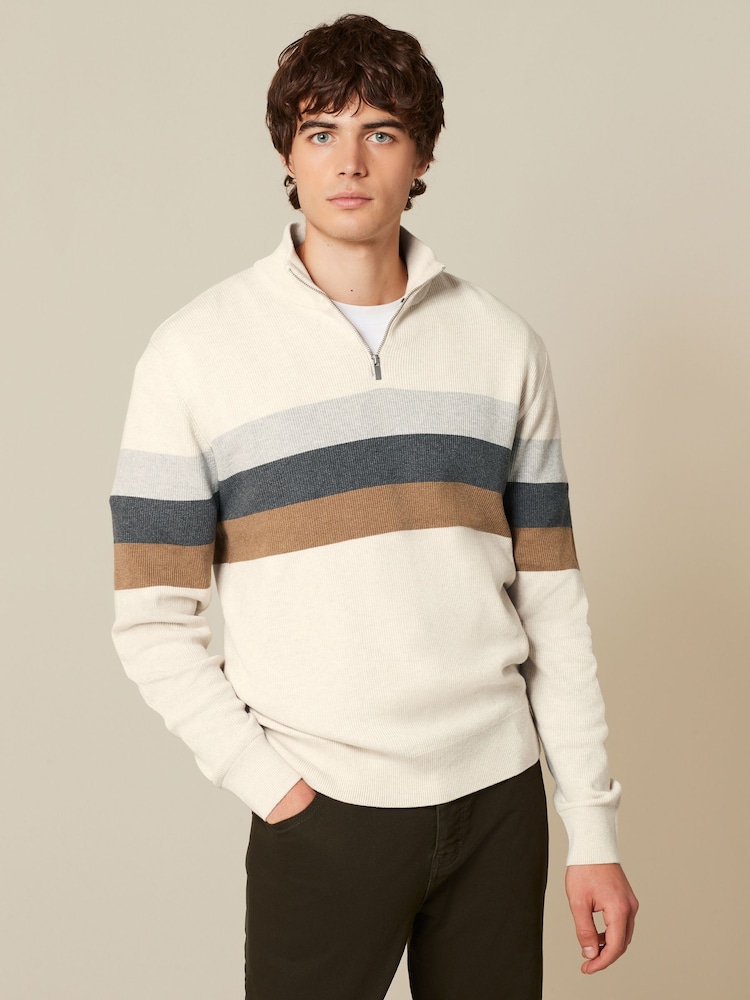 Neutral Colourblock Regular Zip Neck Jumper - Image 1 of 7