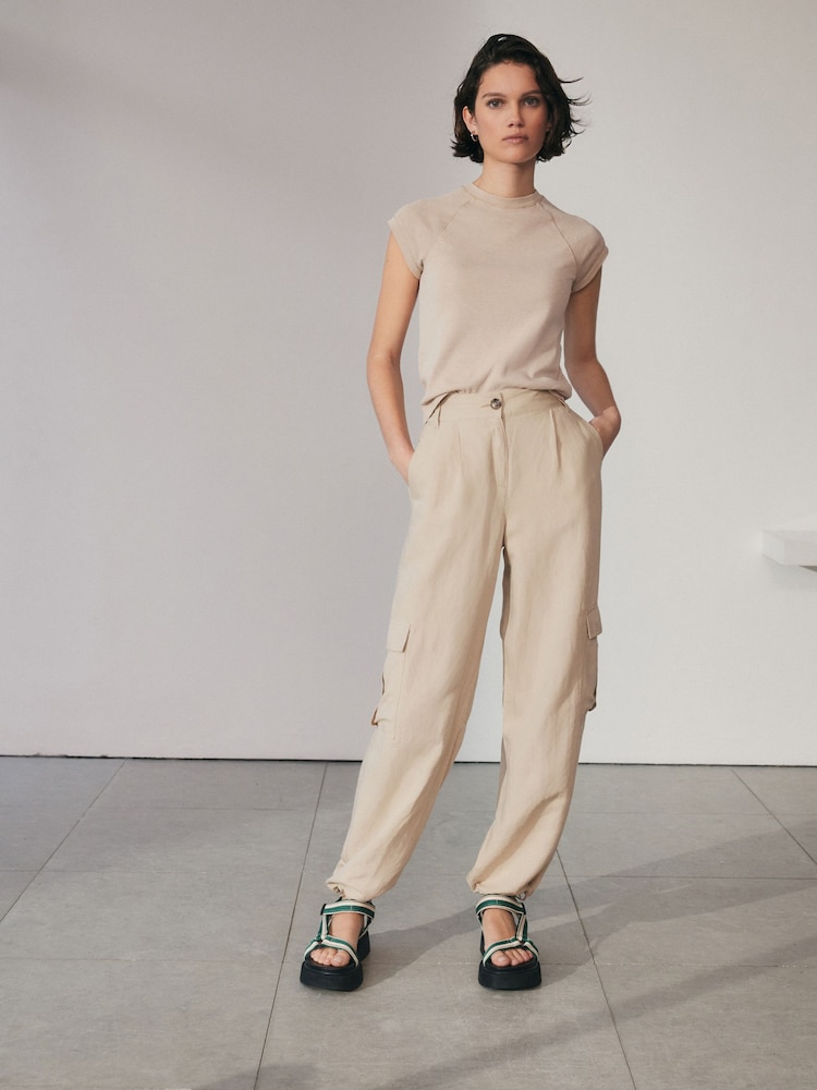 Natural Linen Blend Cargo Trousers - Image 2 of 7