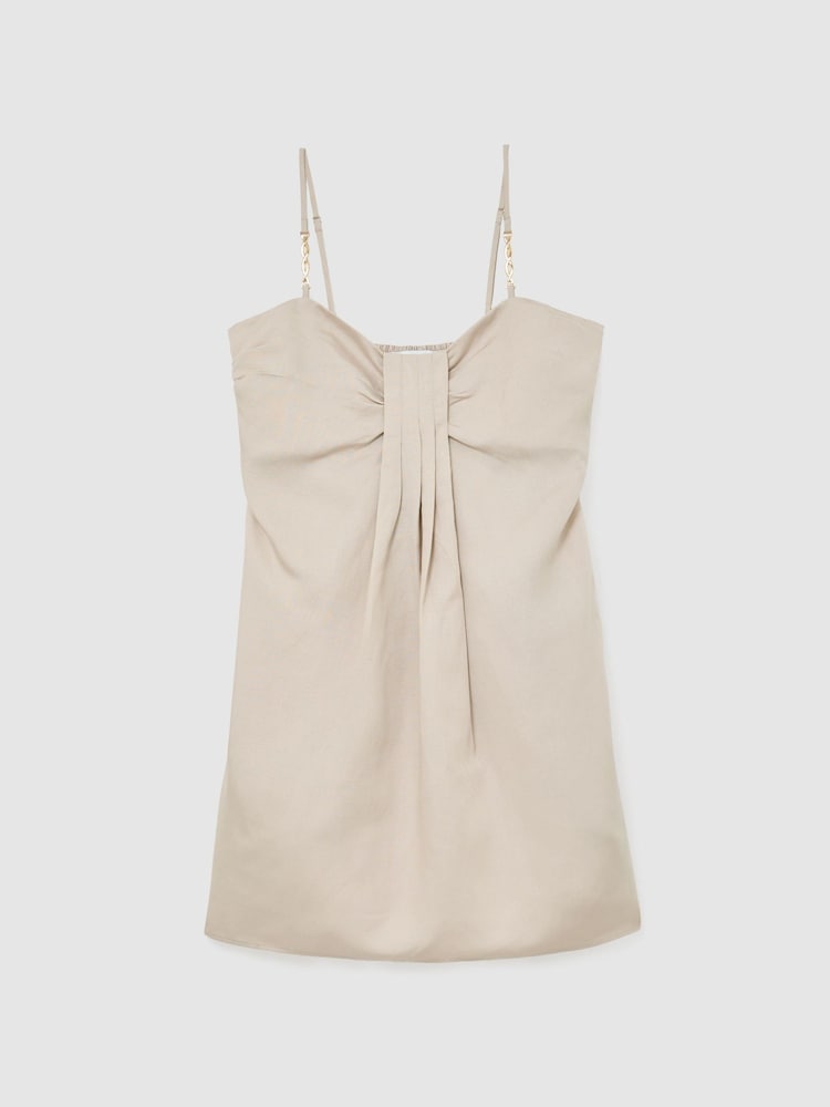 Reiss Neutral Cara Lyocell-Linen Pleat-Detail Mini Dress - Image 2 of 6 Reiss Neutral Cara Lyocell-Linen Pleat-Detail Mini Dress - Image 2 of 6