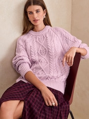Pink Cable Knit Long Sleeve Crew Neck Jumper - Image 1 of 7