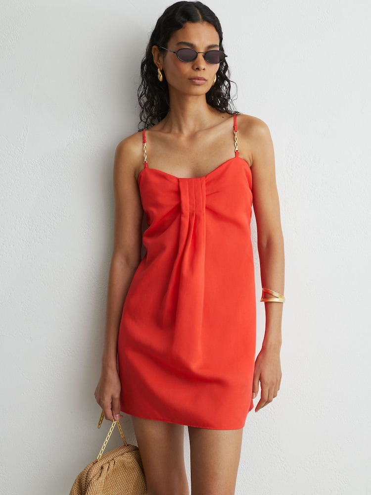 Reiss Coral Red Cara Lyocell-Linen Pleat-Detail Mini Dress - Image 1 of 6 Reiss Coral Red Cara Lyocell-Linen Pleat-Detail Mini Dress - Image 1 of 6