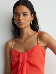 Reiss Coral Red Cara Lyocell-Linen Pleat-Detail Mini Dress - Image 4 of 6