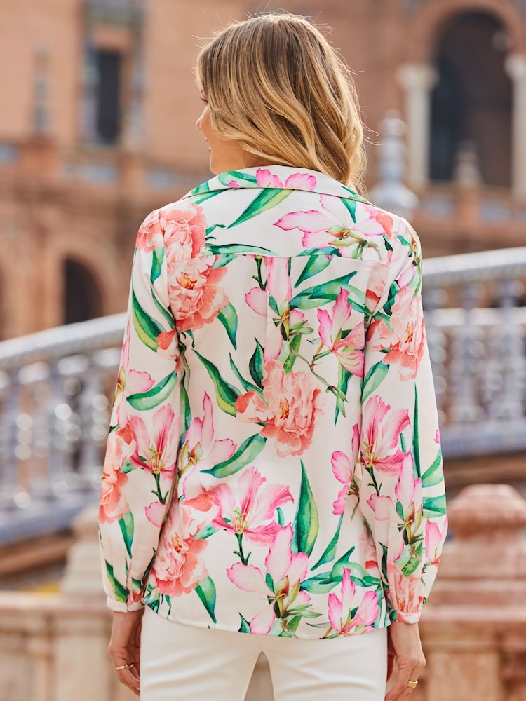 Sosandar Cream Floral Printed Blouson Sleeve Shirt - Image 2 of 5 Sosandar Cream Floral Printed Blouson Sleeve Shirt - Image 2 of 5