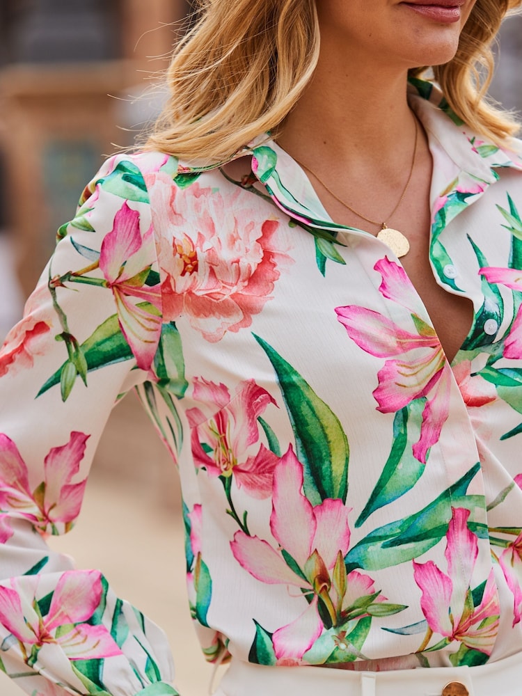 Sosandar Cream Floral Printed Blouson Sleeve Shirt - Image 5 of 5 Sosandar Cream Floral Printed Blouson Sleeve Shirt - Image 5 of 5