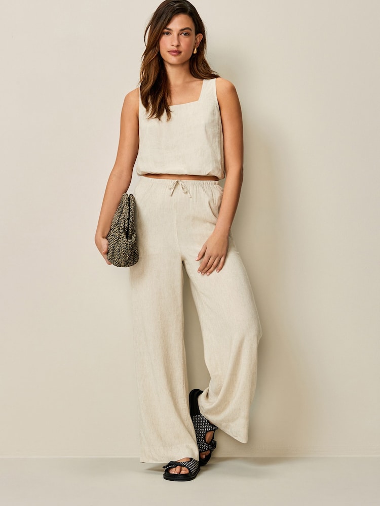 Natural Tie Waist Wide Leg Trousers with Linen - Image 1 of 6