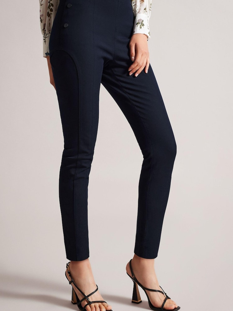 Ted Baker Blue Liroi High Waisted Leggings with Faux Popper Details - Image 1 of 3 Ted Baker Blue Liroi High Waisted Leggings with Faux Popper Details - Image 1 of 3