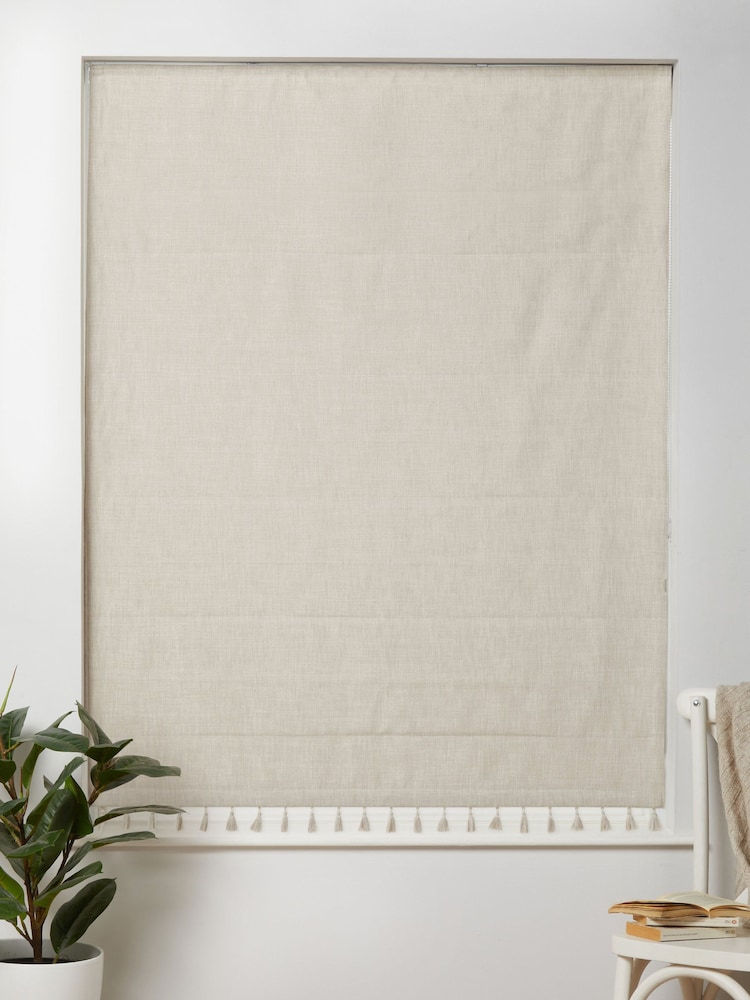 Natural Ready Made Blackout Roman Blind Textured Tassel Edge - Image 2 of 7