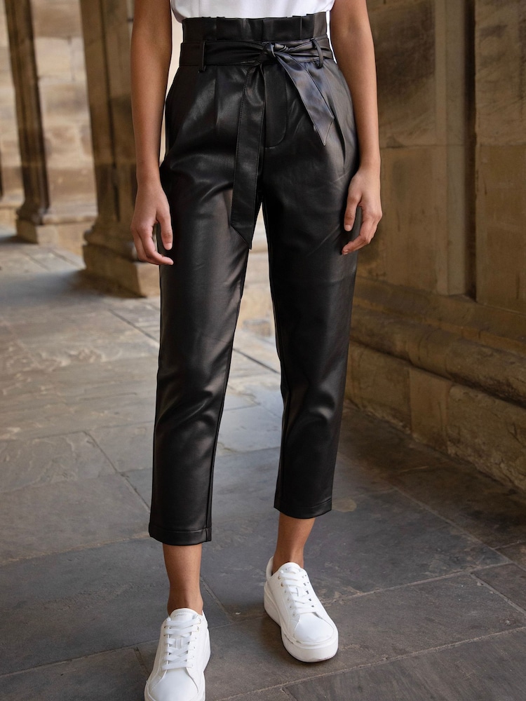 Threadbare Black Tie Waist PU Faux Leather Tapered Trousers - Image 1 of 4