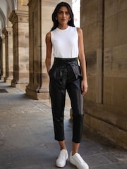 Threadbare Black Tie Waist PU Faux Leather Tapered Trousers - Image 3 of 4