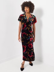 Joe Browns Black Exquisite Florals V-Neck Velour Dress - Image 2 of 7