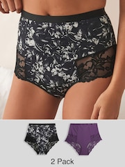 Purple/Floral Print Tummy Control Shaping Lace Back Brazilian Knickers 2 Pack - Image 1 of 9