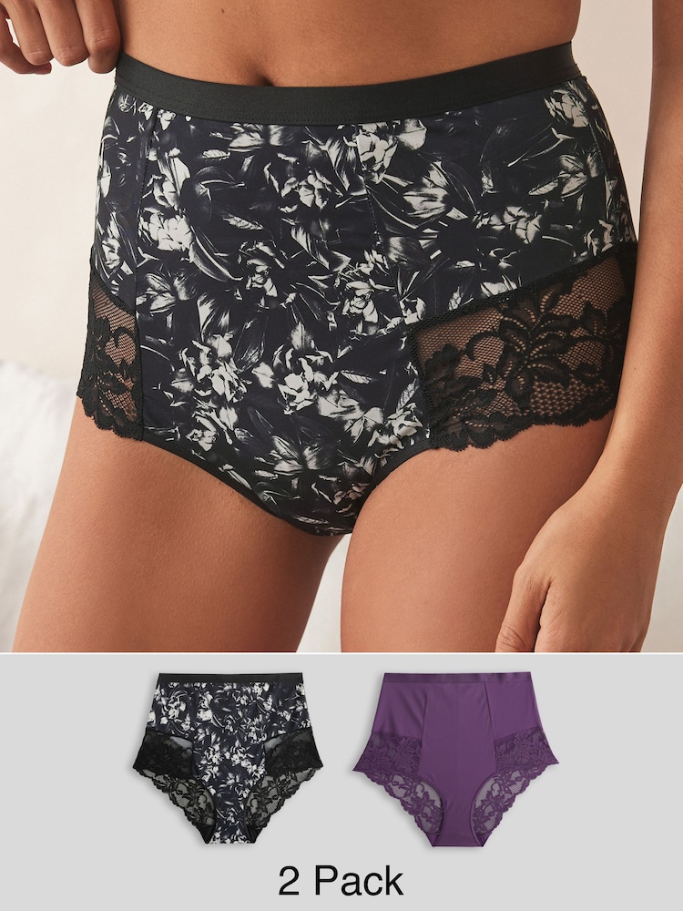 Purple/Floral Print Tummy Control Shaping Lace Back Brazilian Knickers 2 Pack - Image 1 of 9