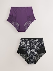 Purple/Floral Print Tummy Control Shaping Lace Back Brazilian Knickers 2 Pack - Image 5 of 9