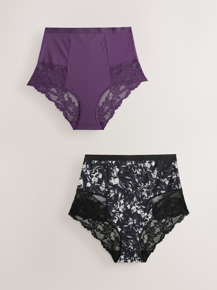 Purple/Floral Print Tummy Control Shaping Lace Back Brazilian Knickers 2 Pack - Image 5 of 9