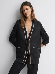 Reiss Charcoal/Nude Carly Wool Blend Contrast Trim Cardigan - Image 1 of 5
