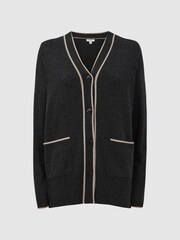 Reiss Charcoal/Nude Carly Wool Blend Contrast Trim Cardigan - Image 2 of 5