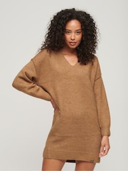 Superdry Brown V-Neck Knit Jumper Dress - Image 1 of 6