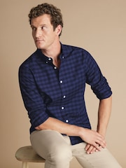 Charles Tyrwhitt Blue Gingham Button-Down Washed Oxford Slim Fit 100% Cotton Shirt - Image 3 of 7