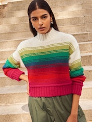 Multicolour Stripe Cropped High Neck Long Sleeve Jumper - Image 1 of 7