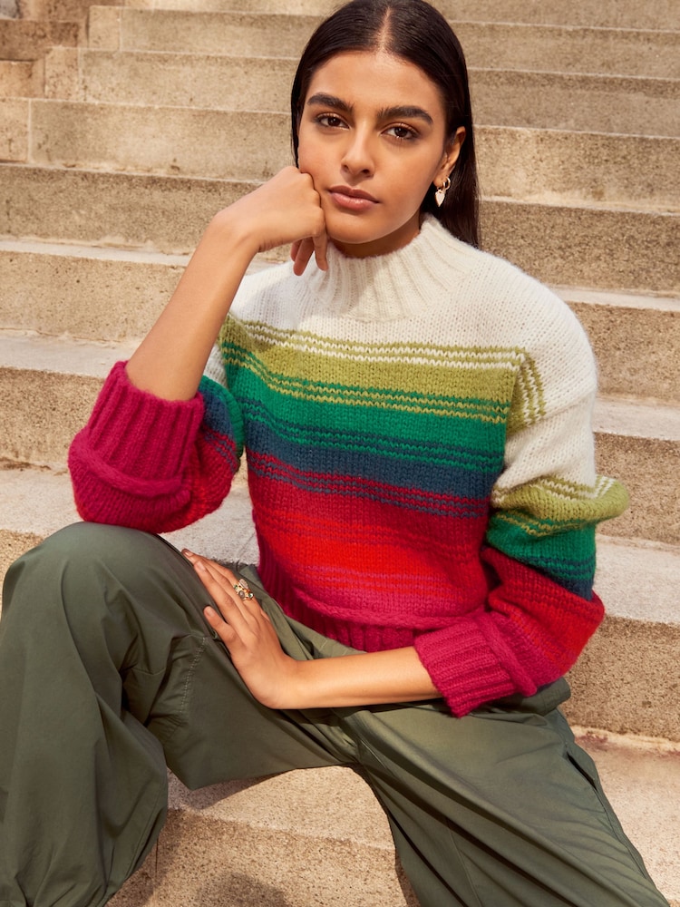 Multicolour Stripe Cropped High Neck Long Sleeve Jumper - Image 3 of 7
