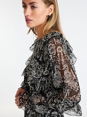 Monochrom geblümt - Langärmeliges Minikleid mit Rüschen - Bild 5 von 7