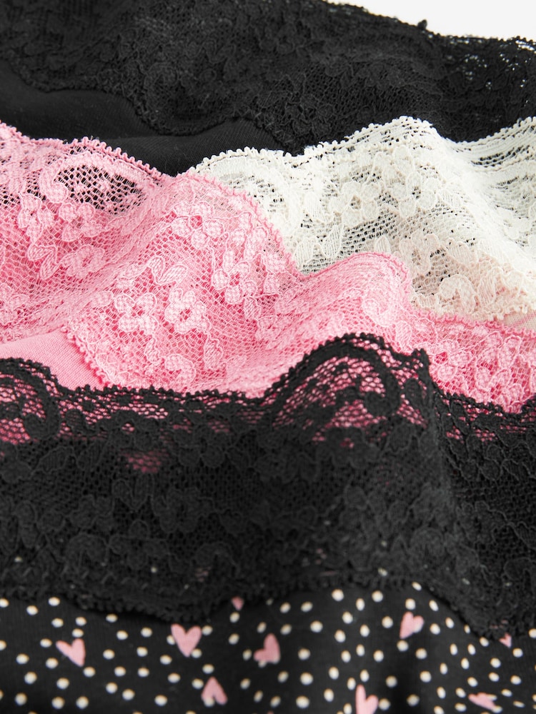 Black/Pink Heart Print Short Cotton and Lace Knickers 4 Pack - Image 10 of 10