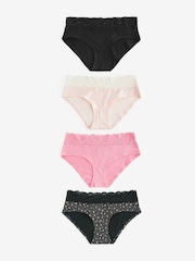 Black/Pink Heart Print Short Cotton and Lace Knickers 4 Pack - Image 5 of 10