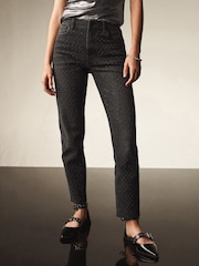 Black Embellished Relaxed Slim Raw Hem Jeans - Image 2 of 8