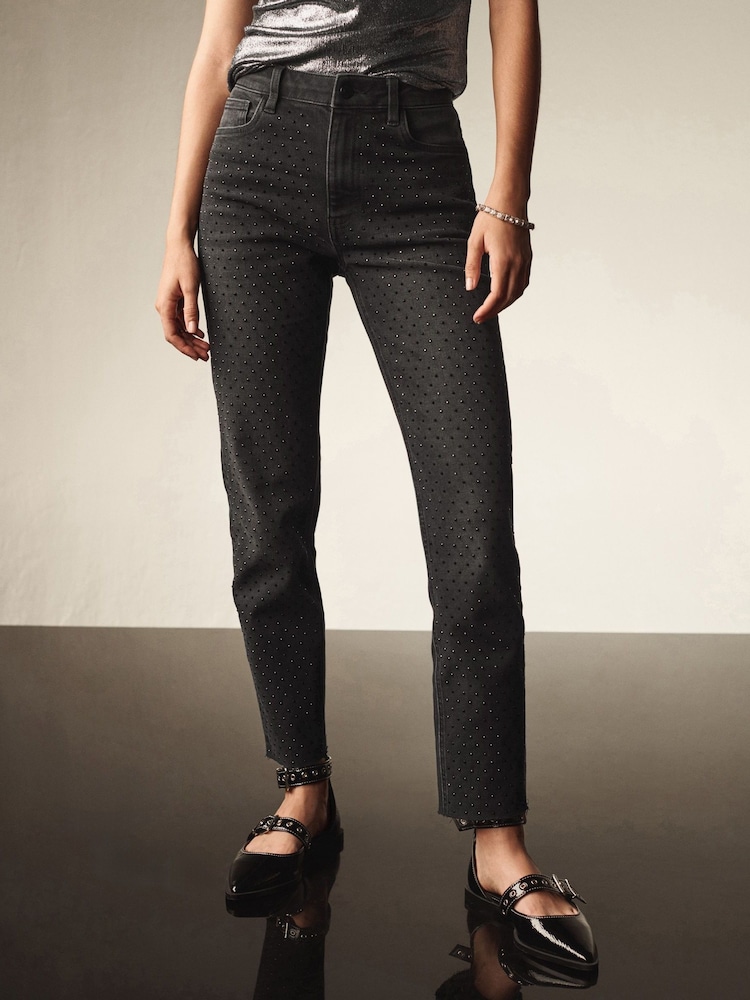 Black Embellished Relaxed Slim Raw Hem Jeans - Image 2 of 8