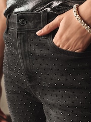 Black Embellished Relaxed Slim Raw Hem Jeans - Image 4 of 8